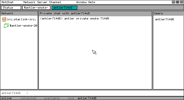 AntChat connected to StarLink-IRC with a private message visible