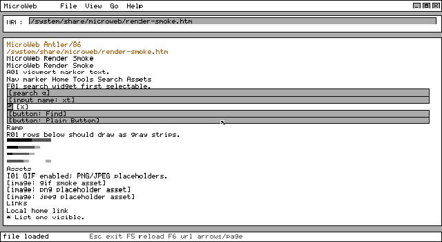 MicroWeb displaying its built-in renderer test page