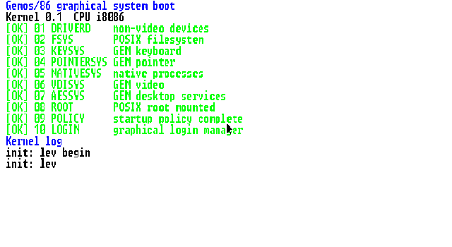 Boot screen: green-on-black service startup list, ten services from DRIVERD to LOGIN each marked OK, followed by the kernel log.
