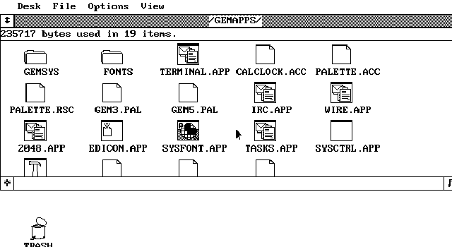 GEM desktop showing the /GEMAPPS window: a hatched title bar, the info line 235717 bytes used in 19 items, and rows of document and folder icons including TERMINAL.APP, CALCLOCK.ACC, PALETTE.ACC, IRC.APP, WIRE.APP, 2048.APP, EDICON.APP, SYSFONT.APP, TASKS.APP and SYSCTRL.APP, with a TRASH can on the desktop below.