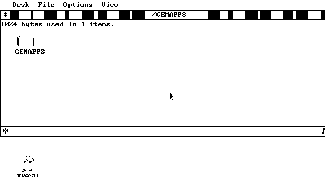 GEM desktop with the Desk File Options View menu bar, an open window titled GEMAPPS containing a single folder icon, a scroll bar down the right, and the TRASH icon below.