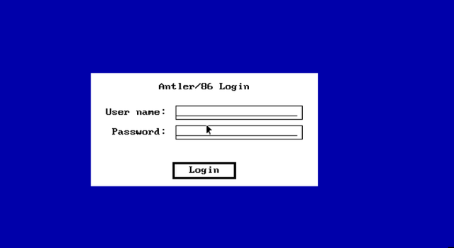 Antler/86 login: a white dialog centred on a blue screen with User name and Password fields, a Login button, and the GEM arrow pointer.